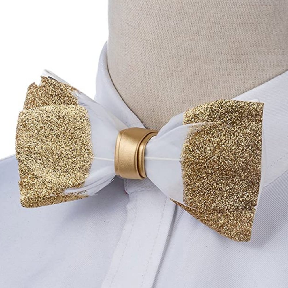 Mens Feather Leather & Glitter Pre Tied Bow Tie